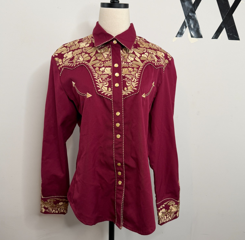 Y2K Scully Gunslinger Burgundy Gold Floral Embroidered Pearl Snap Western Shirt